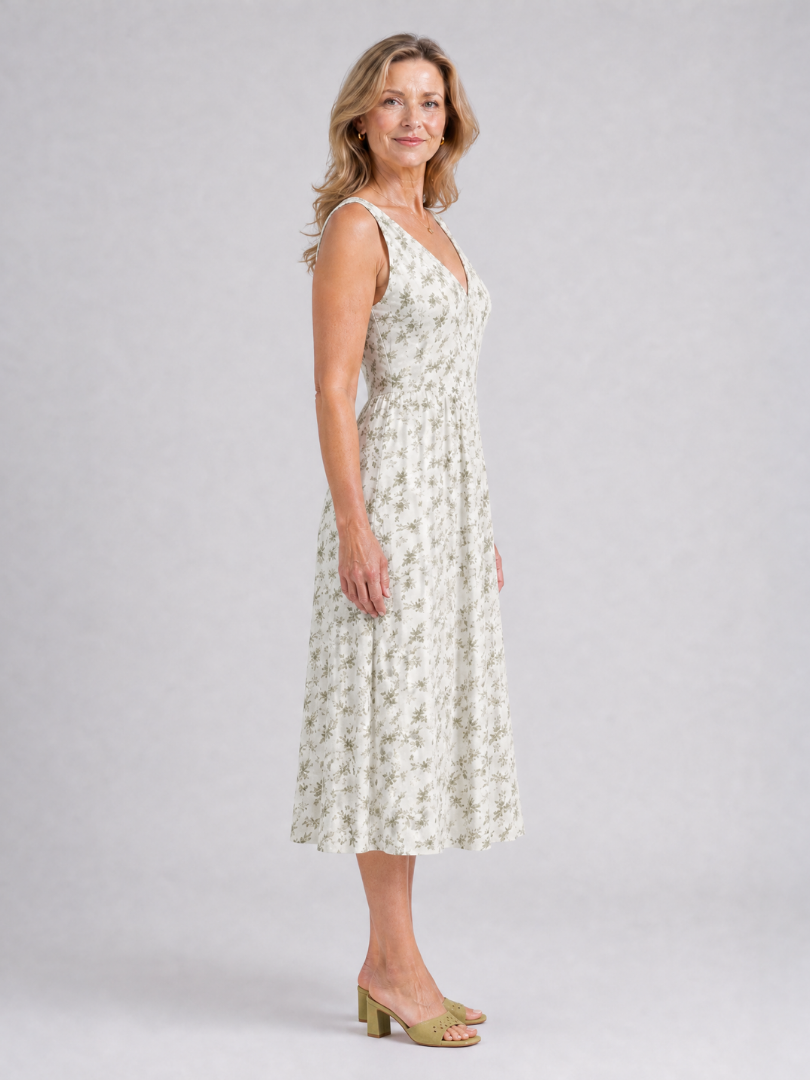 Elique | Mouwloze midi-jurk met bloemenprint en V-hals