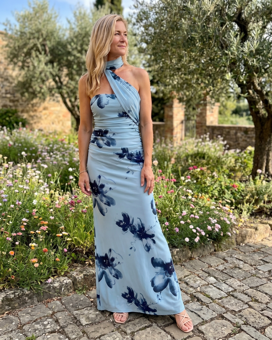 Fijem | One-shoulder halter maxi-jurk met bloemenprint