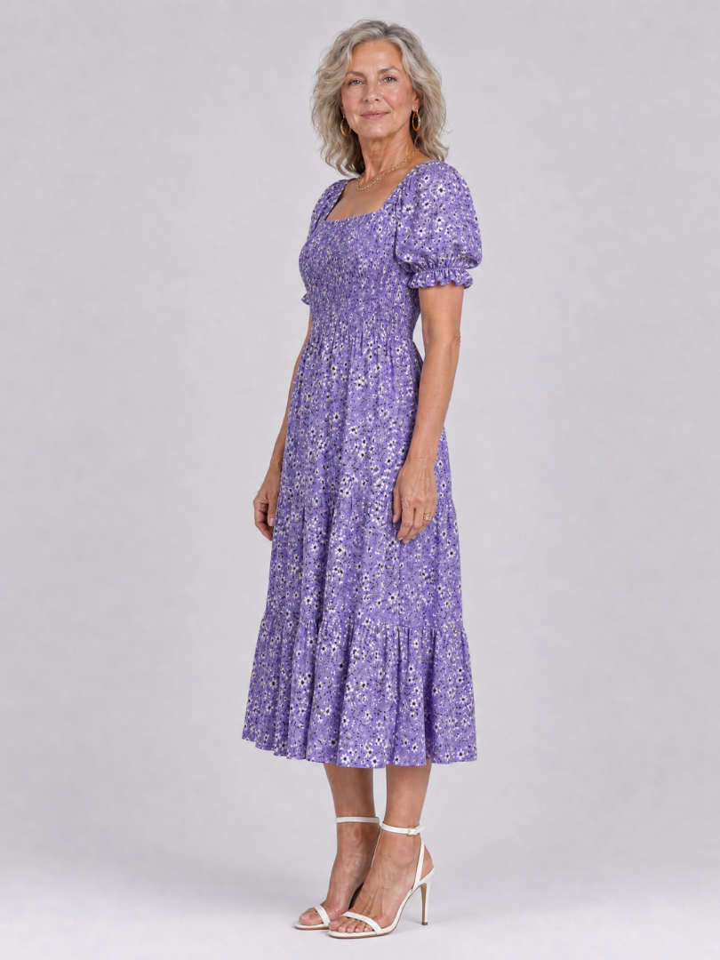 Louse | Midi-jurk met bloemenprint, smock en vierkante hals