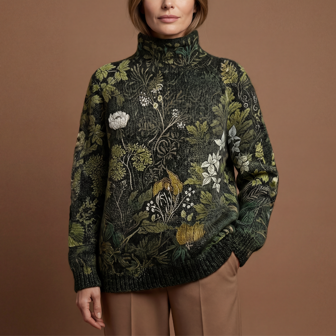 Mirella | Wintertrui met hoge kraag en botanisch motief