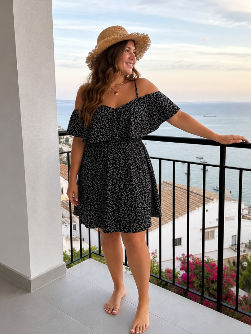 Novom | Knielange jurk met cold shoulder en ruche overlay