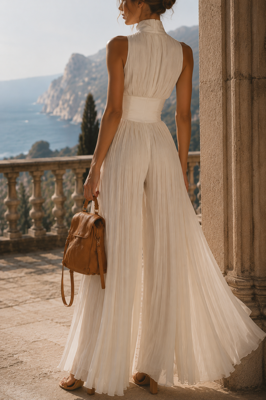 Elegante geplooide jumpsuit met wijde pijpen