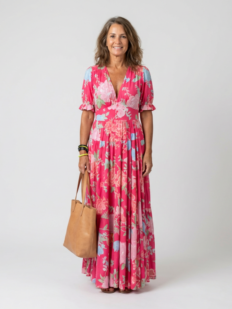 Ione | Midi-jurk met bloemenprint, V-hals en korte mouw