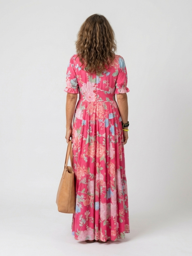 Ione | Midi-jurk met bloemenprint, V-hals en korte mouw