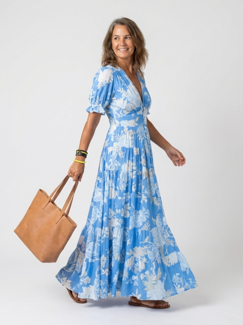 Ione | Midi-jurk met bloemenprint, V-hals en korte mouw