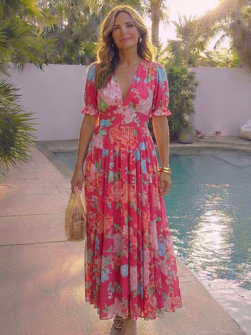 Ione | Midi-jurk met bloemenprint, V-hals en korte mouw