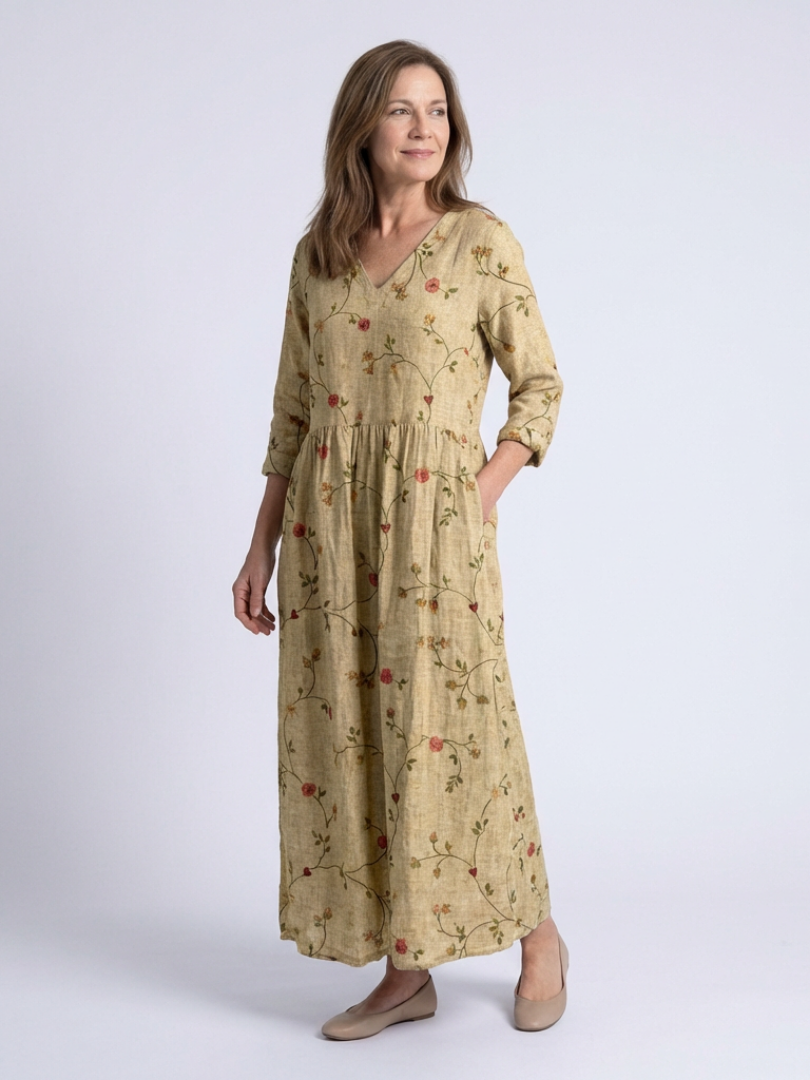 Marina | Maxi-jurk met bloemenprint, V-hals en driekwartmouw