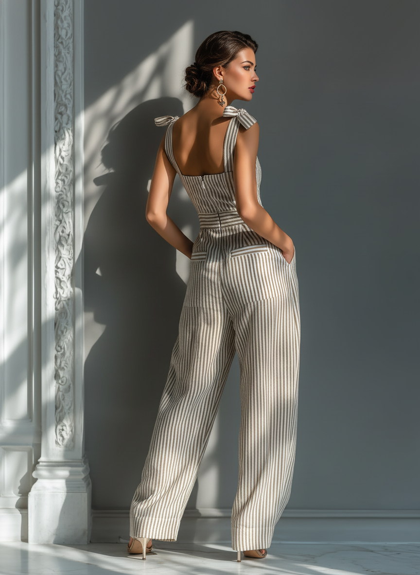 Céleste | Jumpsuit met vierkante halslijn en stropdas schouderbanden