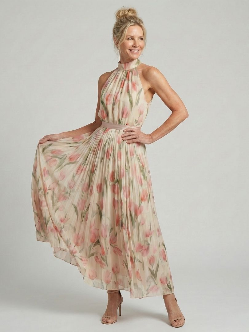 Aurelle | Midi-jurk met halternek en bloemenprint
