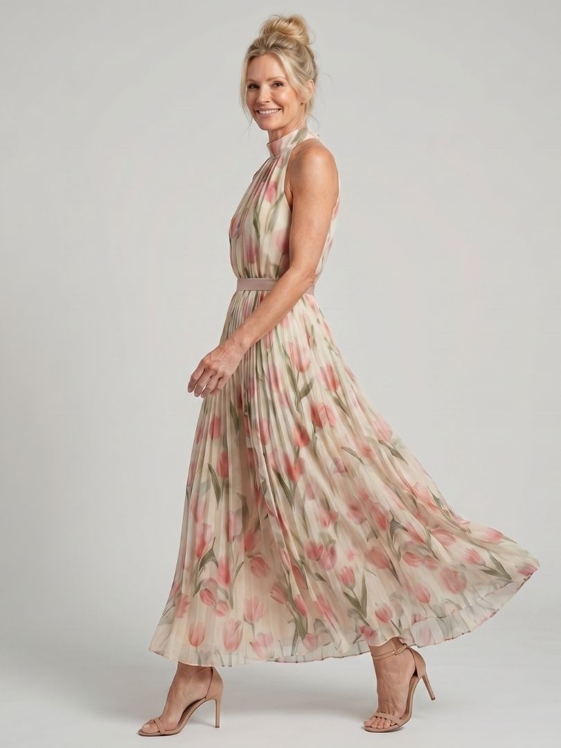 Aurelle | Bloemen midi-jurk met halternek