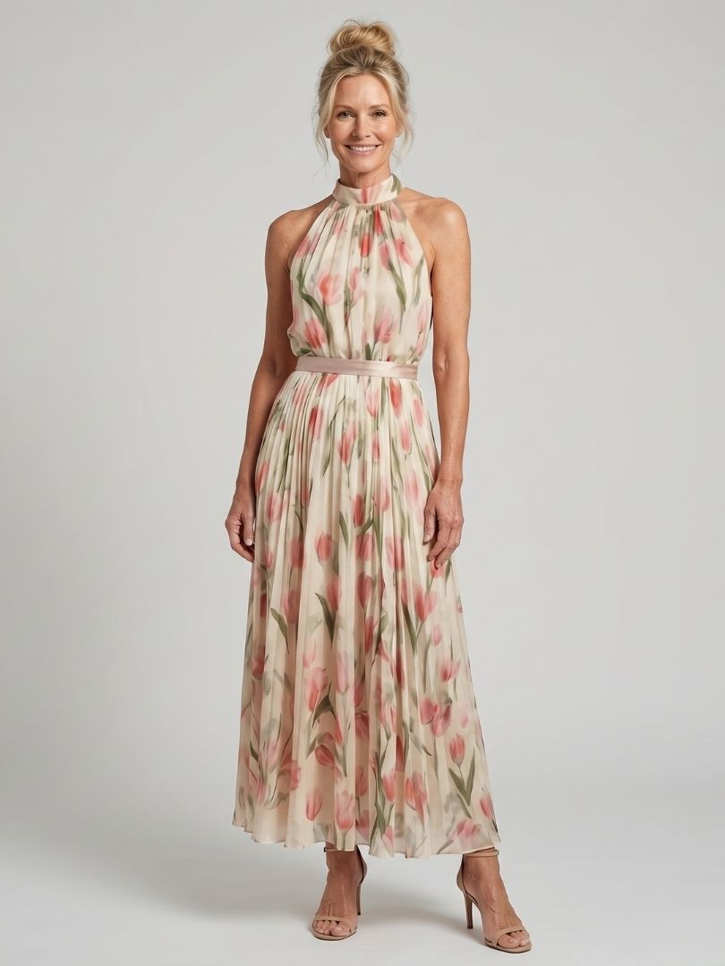 Aurelle | Midi-jurk met halternek en bloemenprint