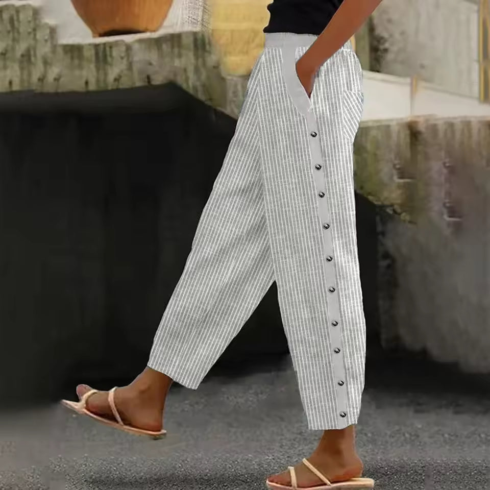 ELENA | Lichte Zomerbroek met Dunne Strepen en Zijknopen voor Casual Chic Stijl
