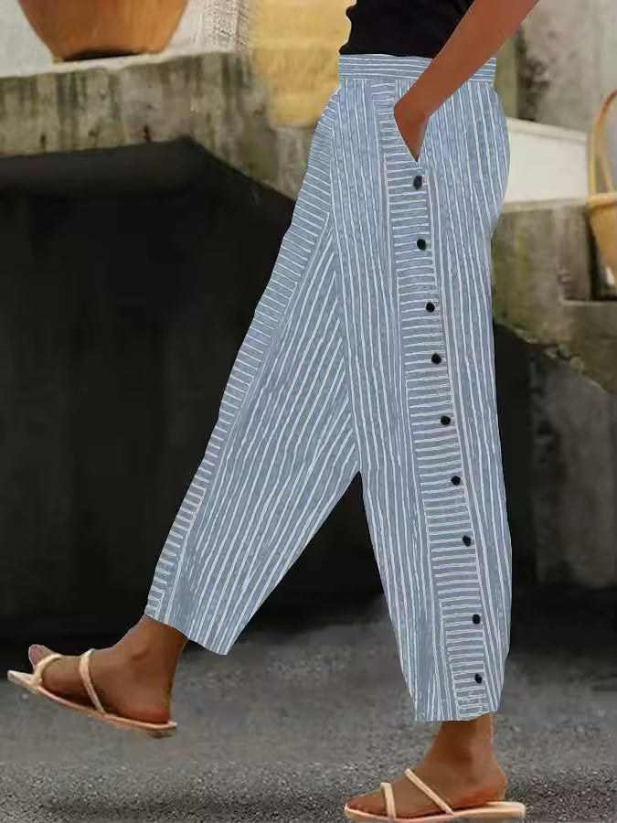 ELENA | Lichte Zomerbroek met Dunne Strepen en Zijknopen voor Casual Chic Stijl