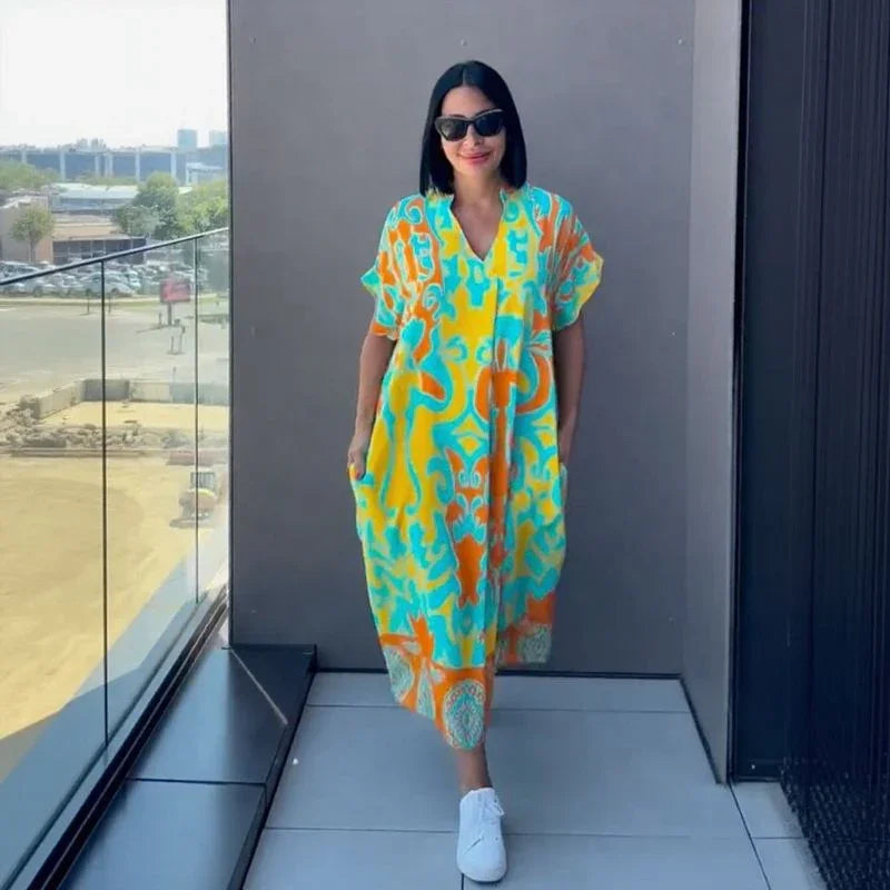 Vestido Oceania™ In Viscose met Ruime Snit en Tropische Print
