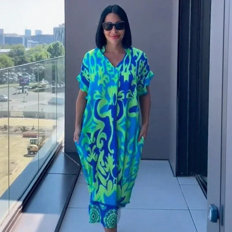 Vestido Oceania™ In Viscose met Ruime Snit en Tropische Print