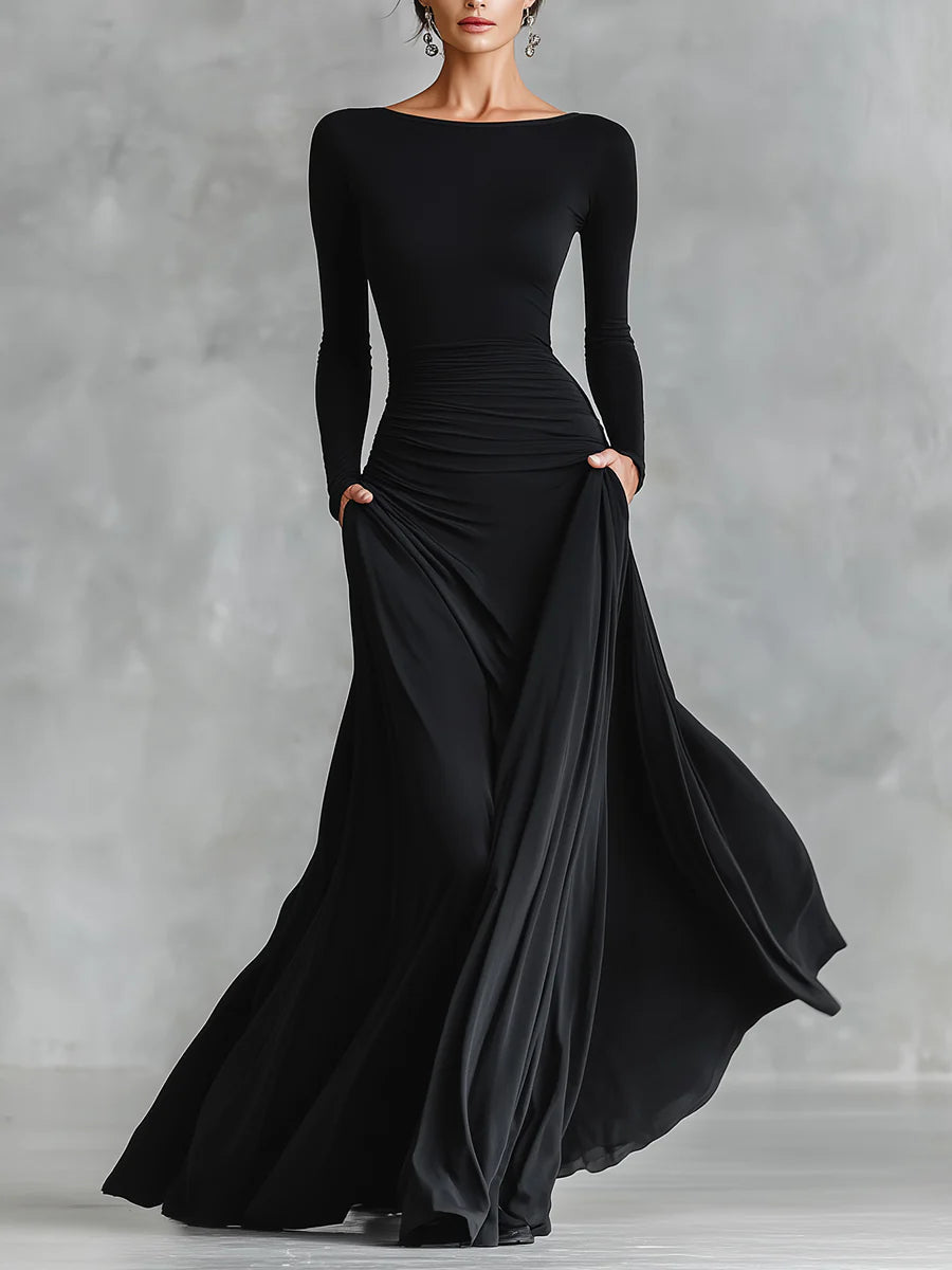 Zwart moderne crepe geplooide bootneck lange jurk