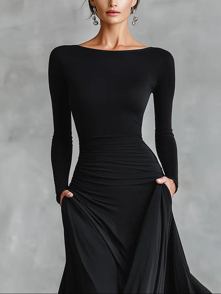 Zwart moderne crepe geplooide bootneck lange jurk