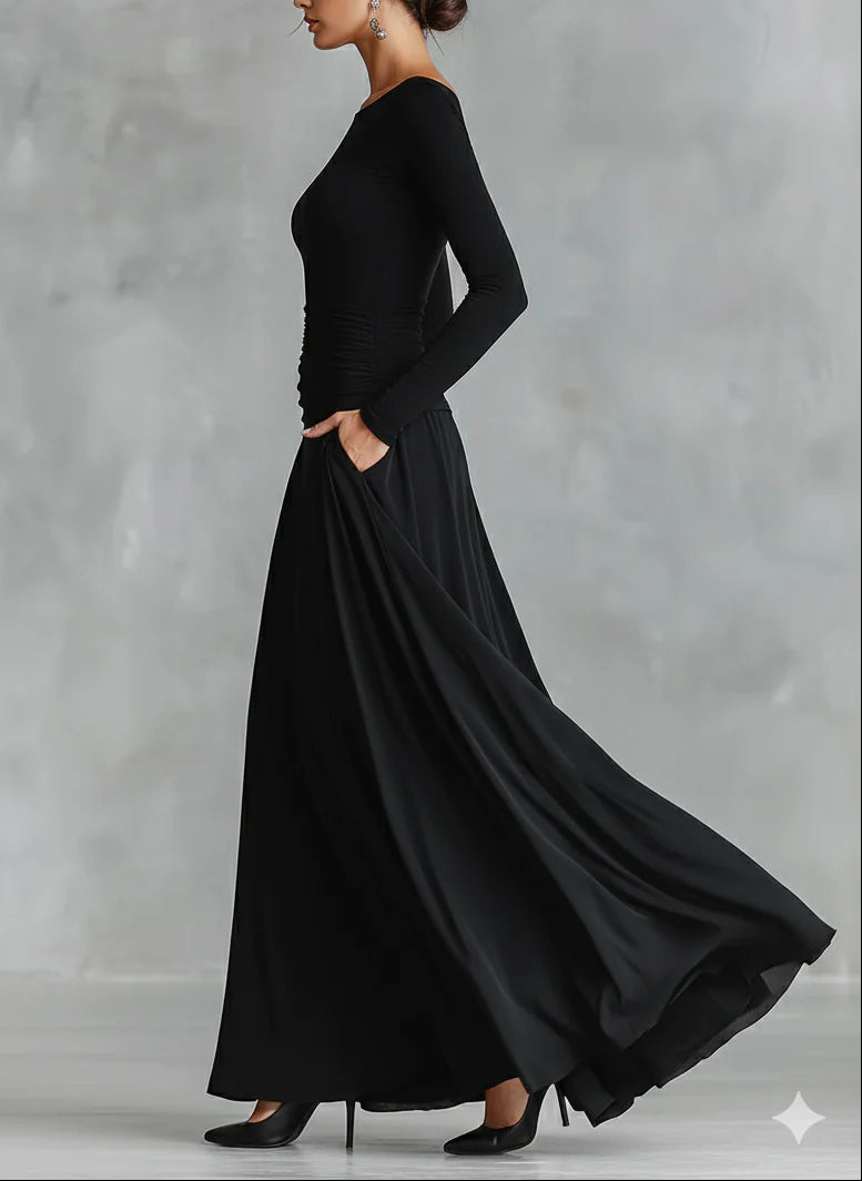 Zwart moderne crepe geplooide bootneck lange jurk