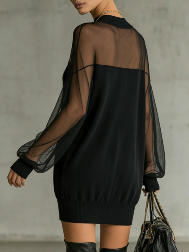 Amélie™ | Elegante Zwarte Mini Jurk met Mesh Mouwen