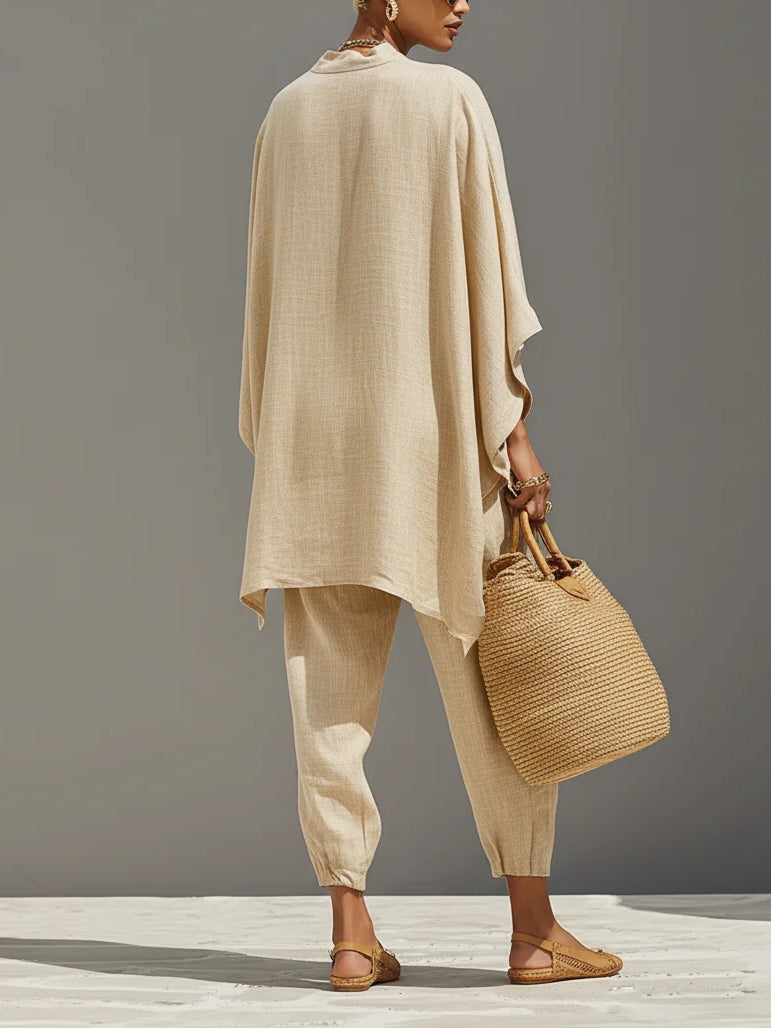 Licht Khaki Minimalistische Asymmetrische Hem Top En Joggingbroek Set