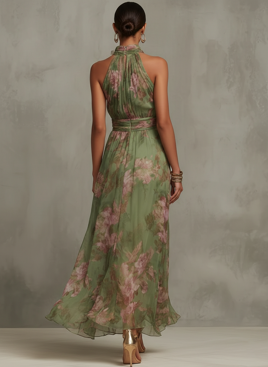Livia | Elegante Maxi Jurk met Bloemen Halter