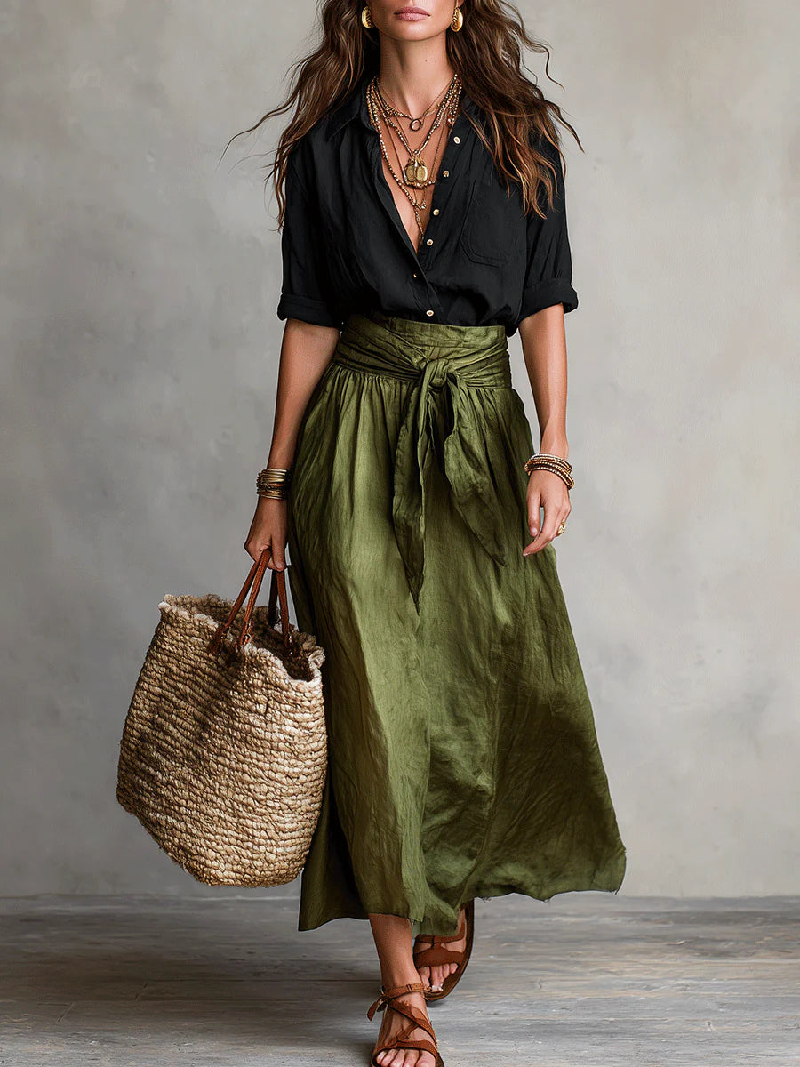Zwarte Shirt En Olijfgroene Midi Rok Twee-delige Set