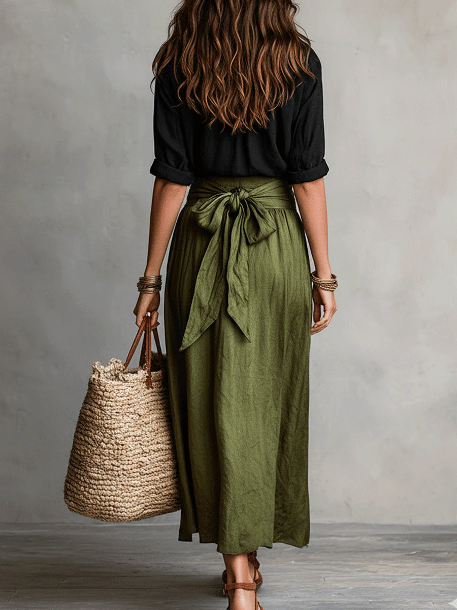 Zwarte Shirt En Olijfgroene Midi Rok Twee-delige Set