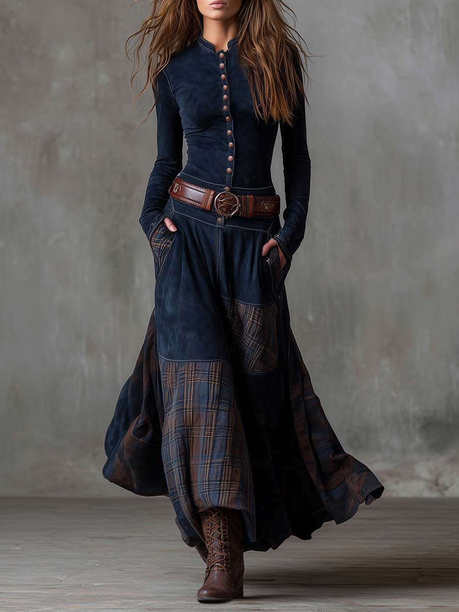 Martina · Lange vintage jurk van blauw navy