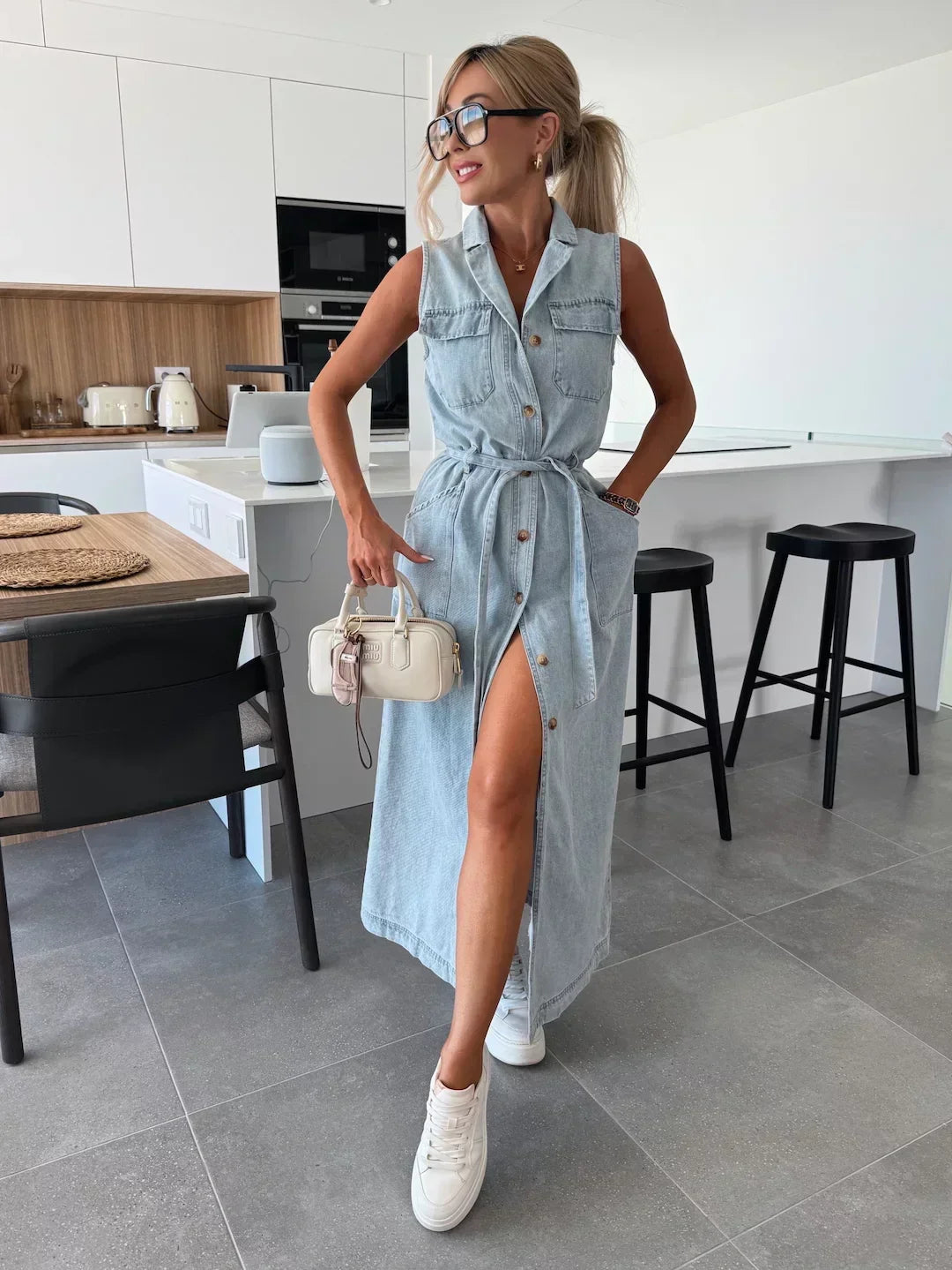 VALENTINA | Lange Denim Jurk met Natuurlijke Comfort en Elegante Veelzijdigheid voor Elke Gelegenheid