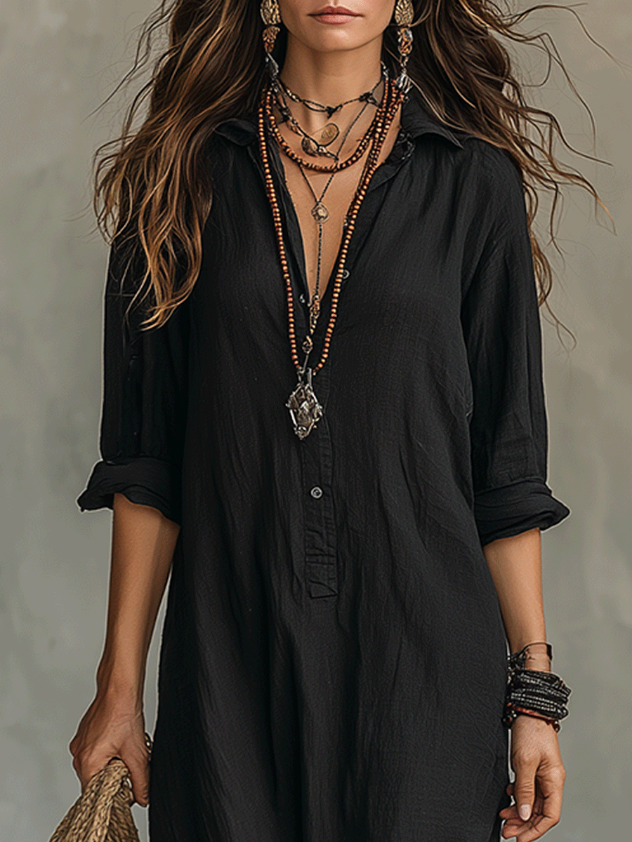 Zwart Knopen-Voorkant Bohemian Shirt Maxi Jurk