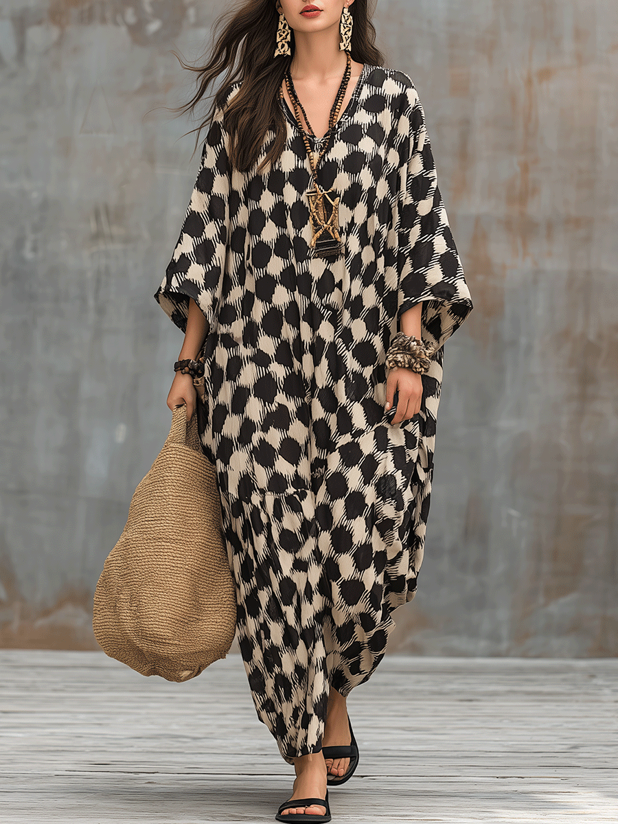 Bohemian Geïnspireerde Relaxed Fit Polka Dot Kaftan Maxi Jurk