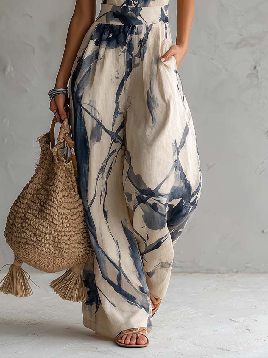 Halter Nek Inkt Was Print Brede Pijpen Jumpsuit Met Zakken