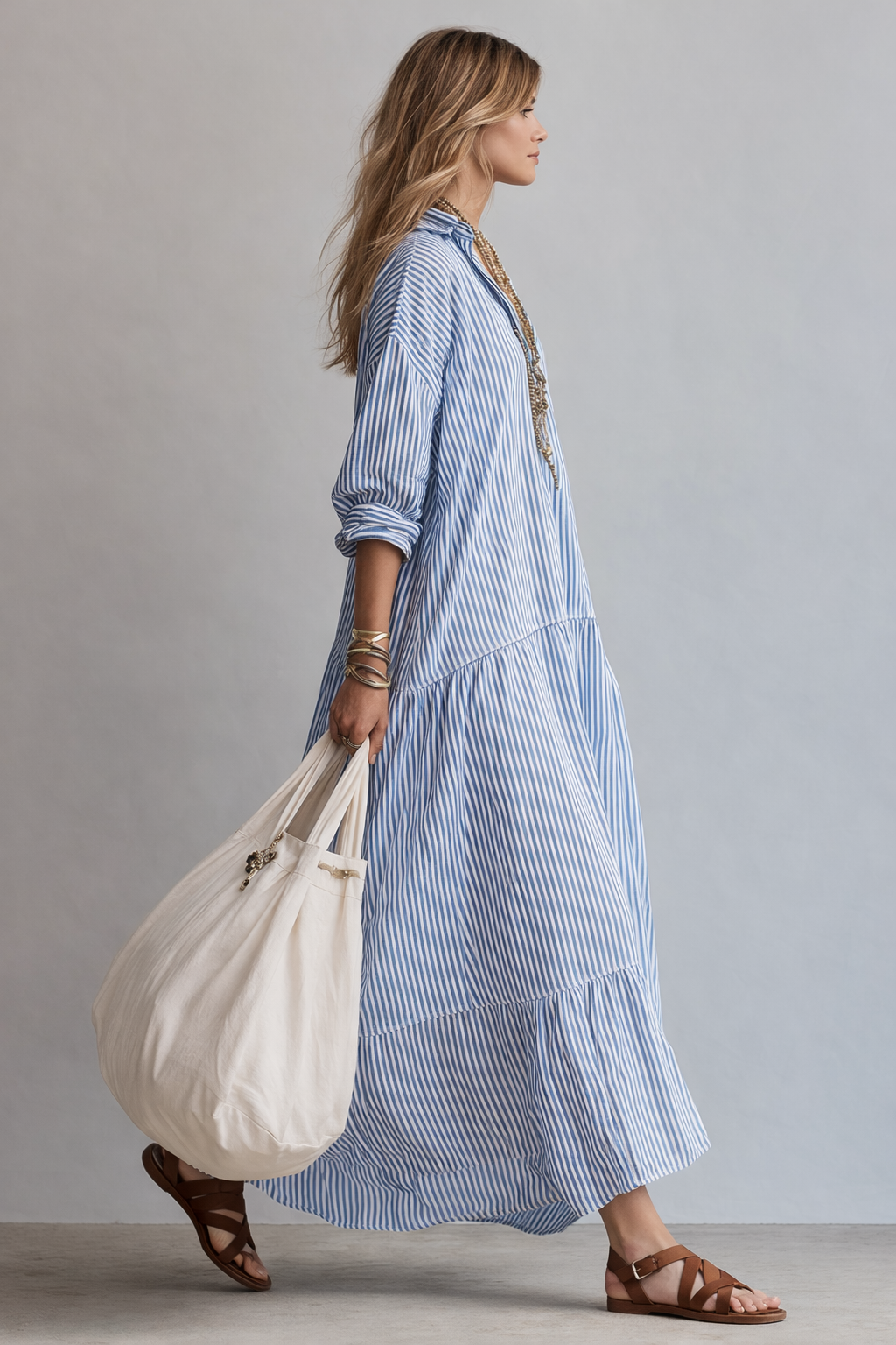 Blauwe Gestreepte Ontspannen Hemd Maxi Jurk