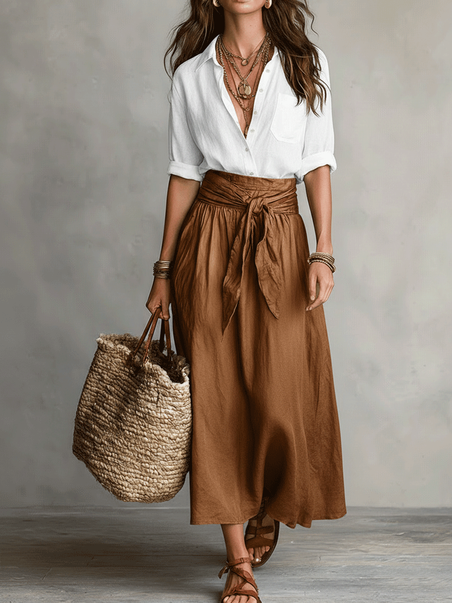 Moeiteloze Boho Zwarte Blouse & Olijf Midi Rok Set
