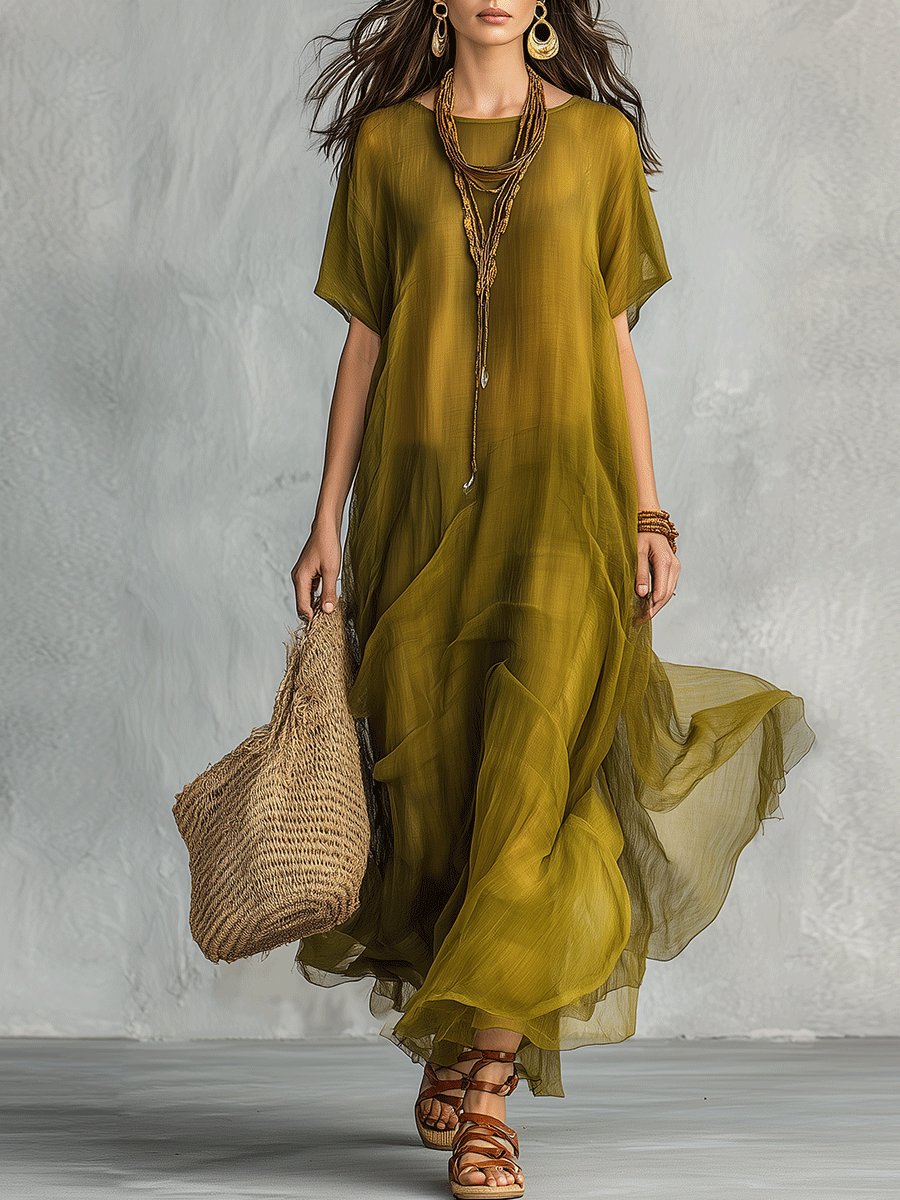 Olijfgroene Boheemse Maxi-jurk met Gedrapeerde Silhouet