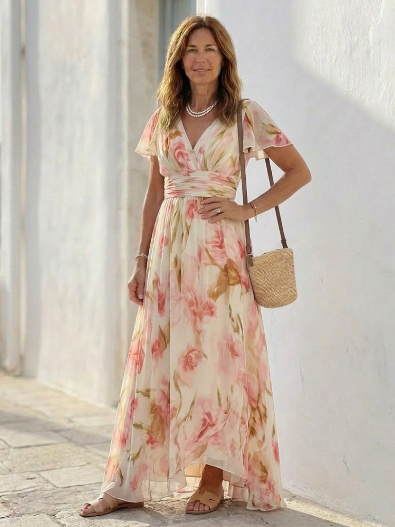 Elara | Maxi-jurk met V-hals en korte mouwen