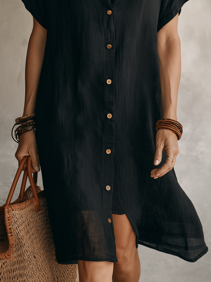 Moderne Boho Moeiteloze Zwarte Relaxed Midi Jurk