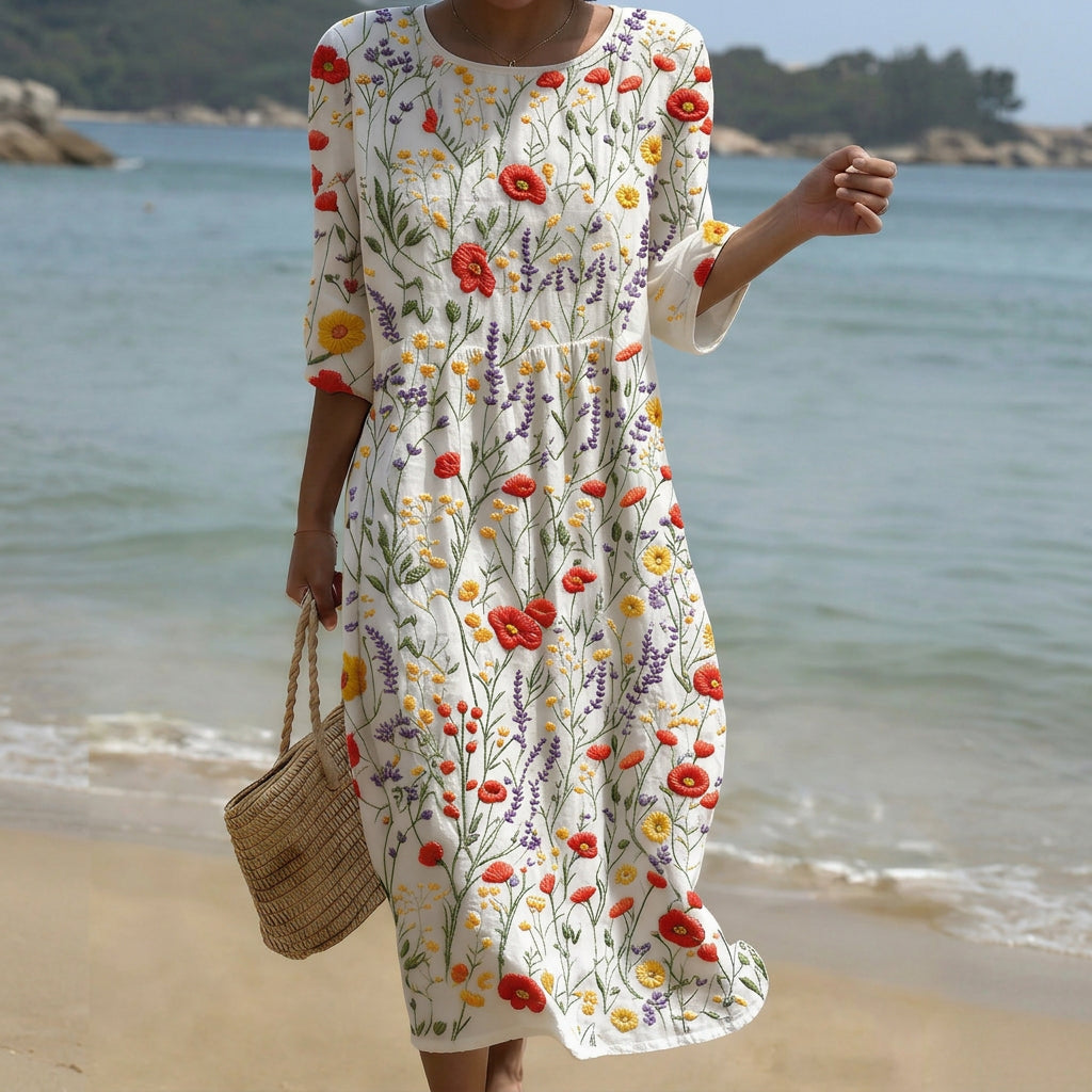 Cristina - Maxi Jurk met Ronde Hals en Bloemenprint