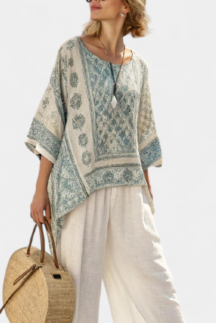 Quinley | Comfortabele Gedrukte Blouse en Witte Wijde Broek