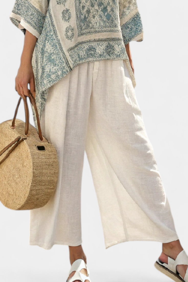 Quinley | Comfortabele Gedrukte Blouse en Witte Wijde Broek