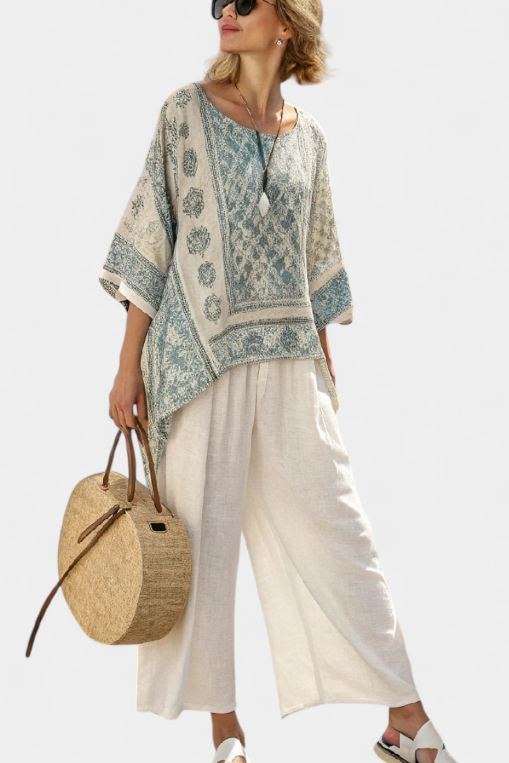 Quinley | Comfortabele Gedrukte Blouse en Witte Wijde Broek