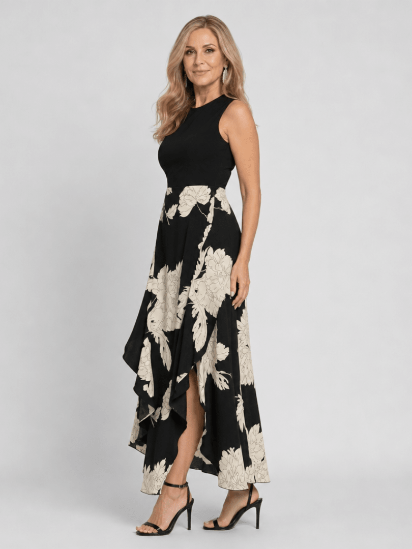 Klasen | Mouwloze Midi-jurk met Bloemenprint en Hoog-laag Zoom