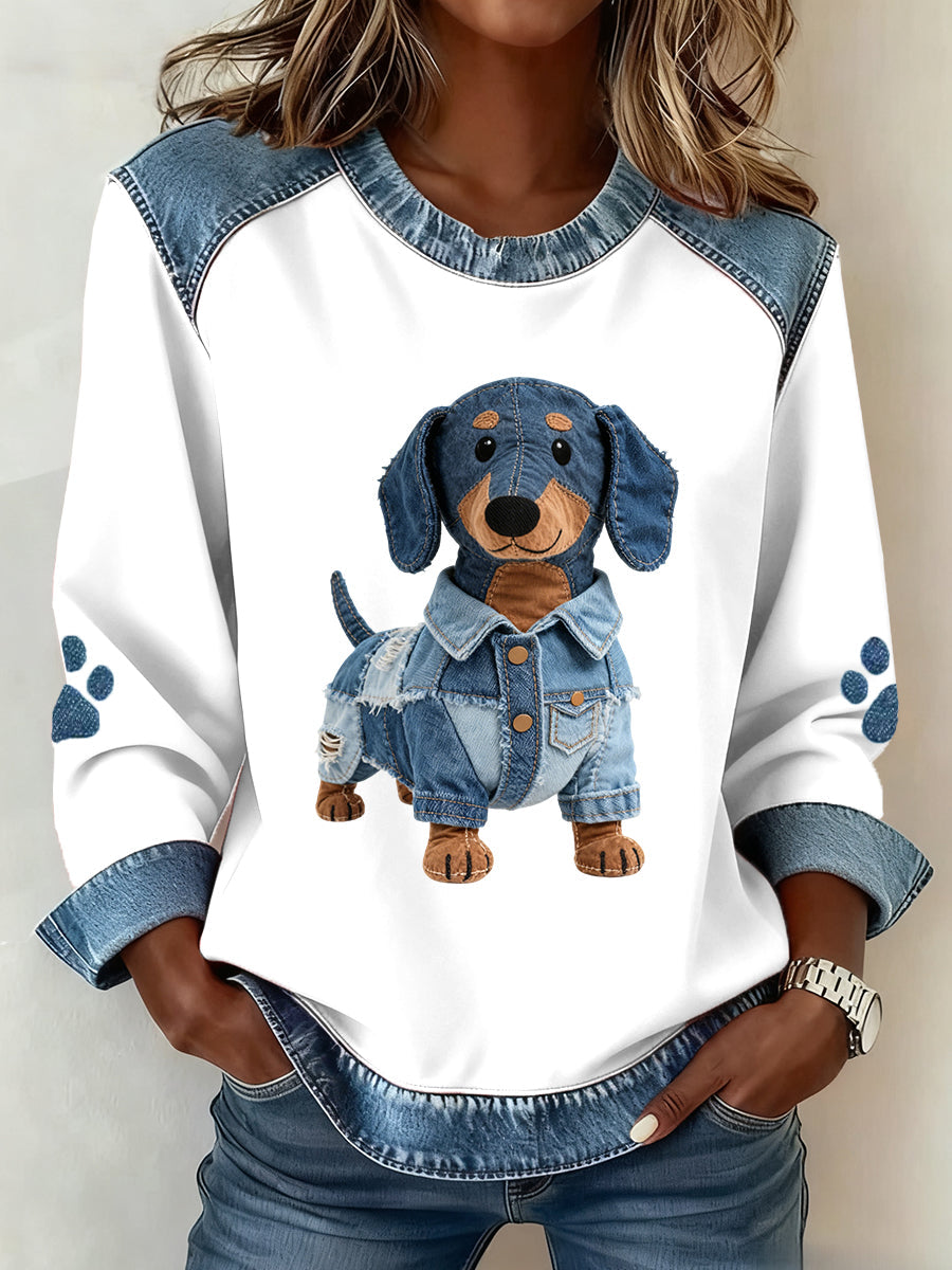 Reina - Dames hoodie met patchwork ontwerp van jeans voor teckels