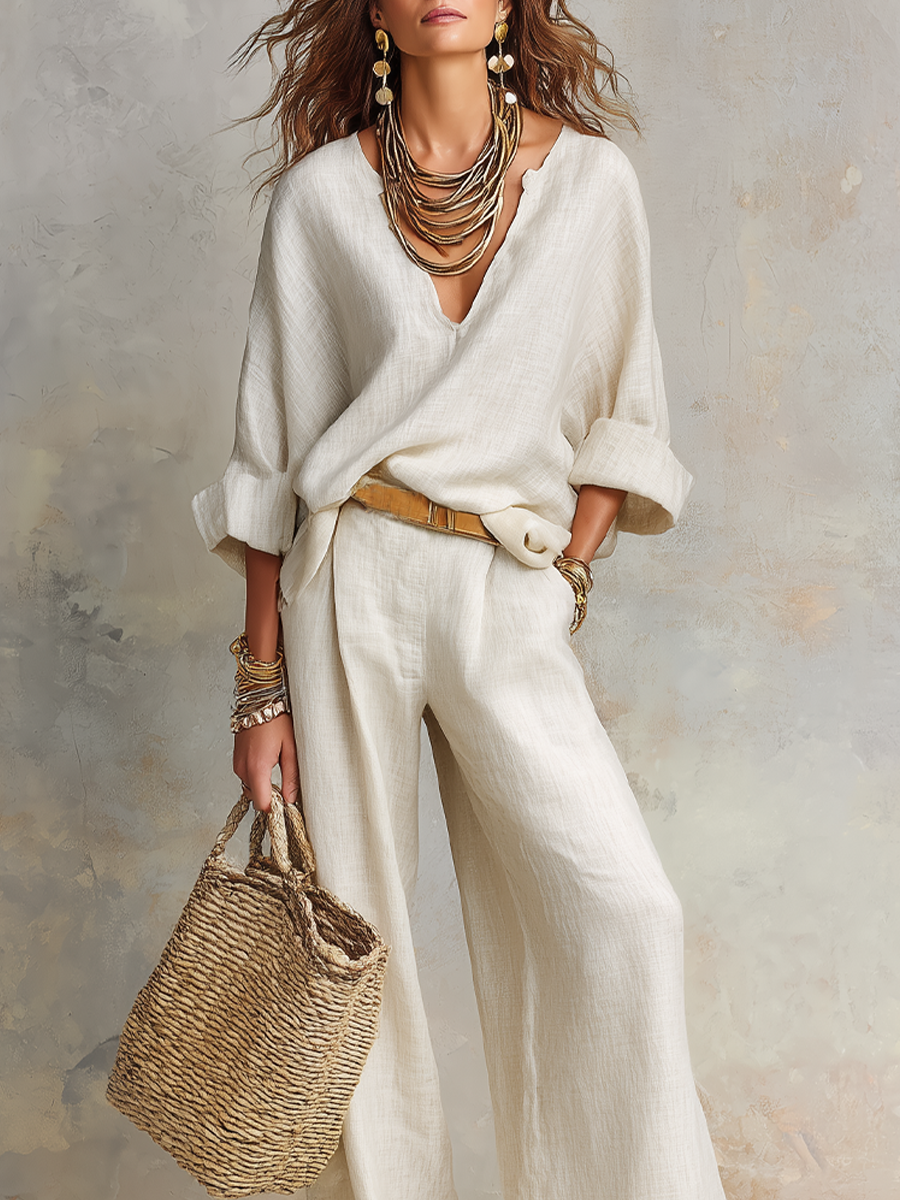 Off White Natuurlijke Losse Resort Wear Set