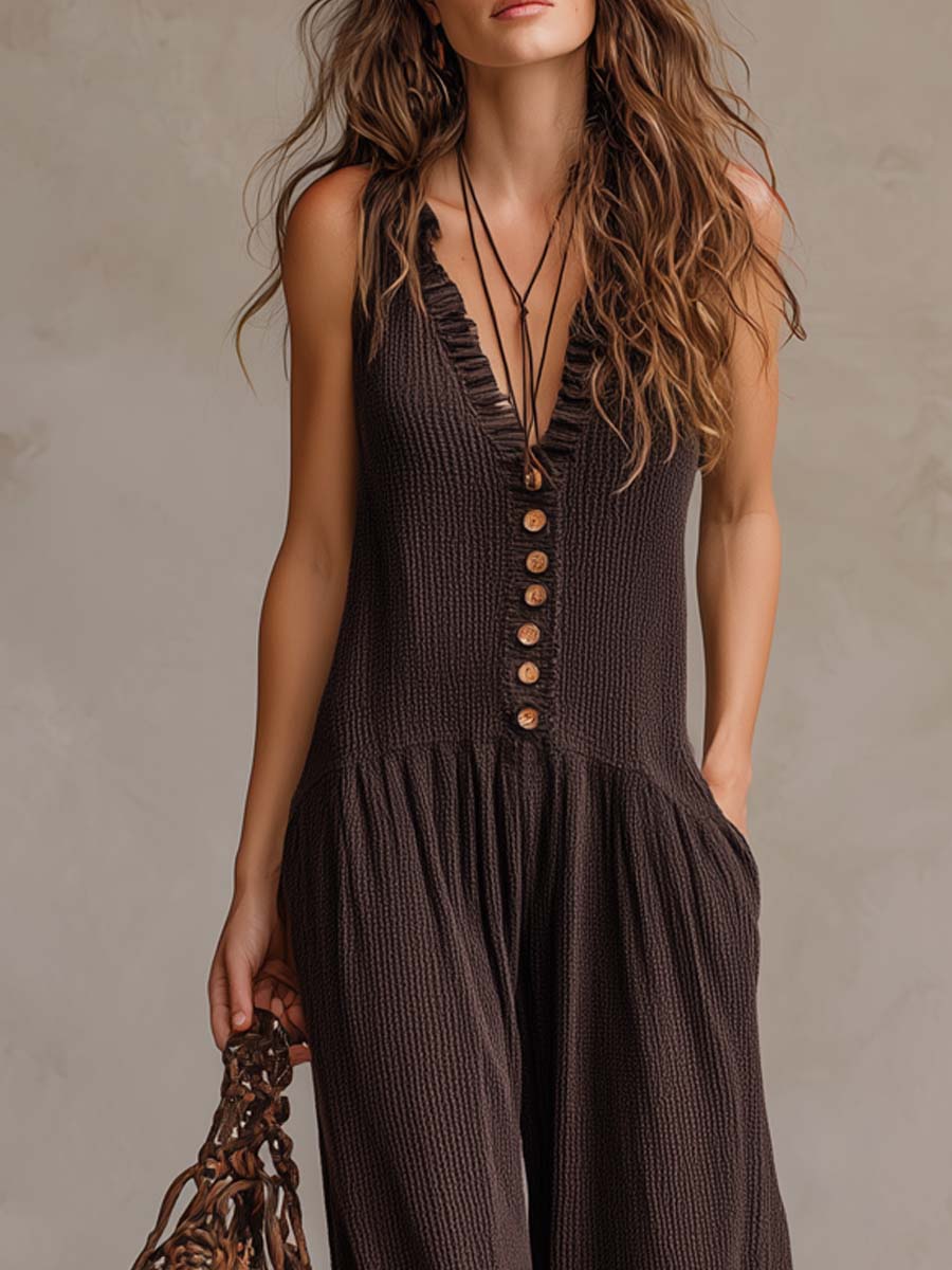 Retro Rimpel Hals Gebreide Jumpsuit