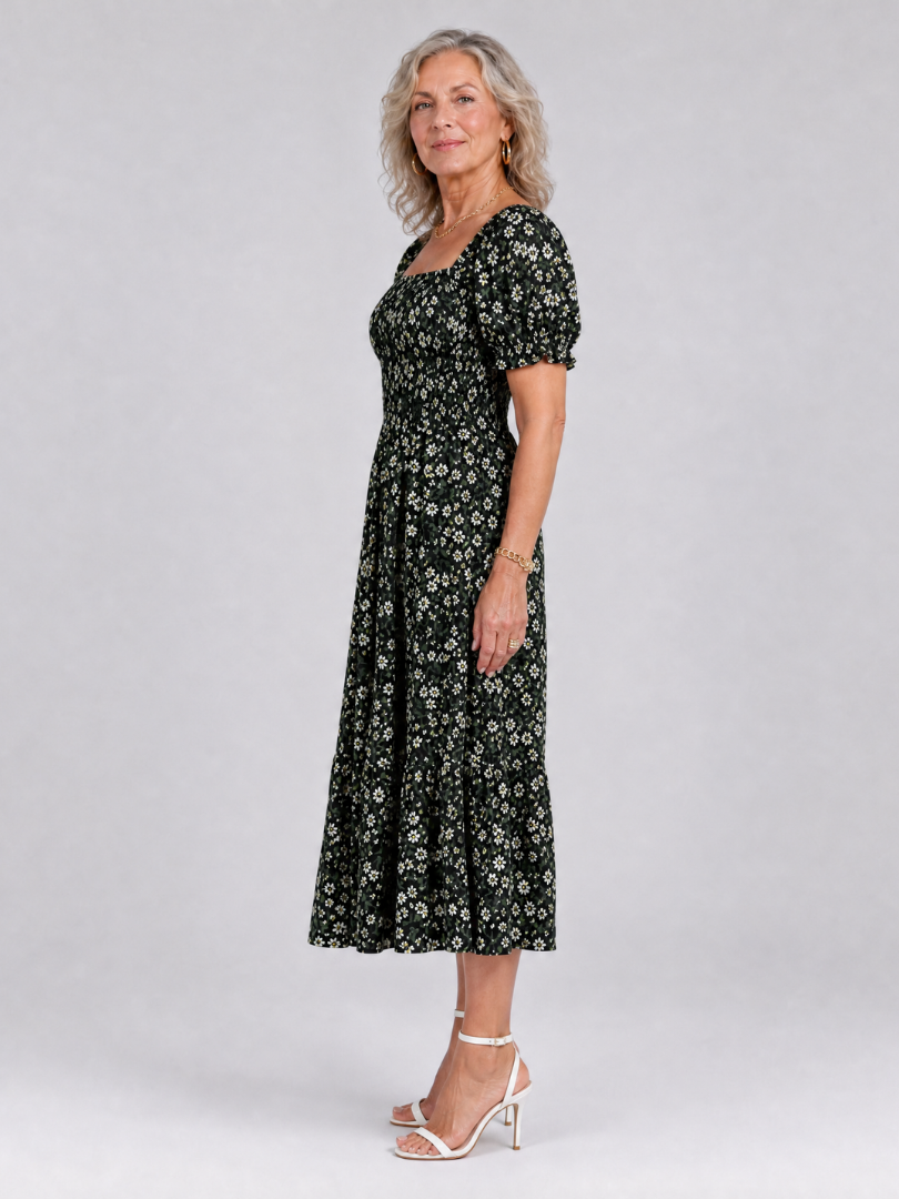 Louse | Midi-jurk met bloemenprint, smock en vierkante hals