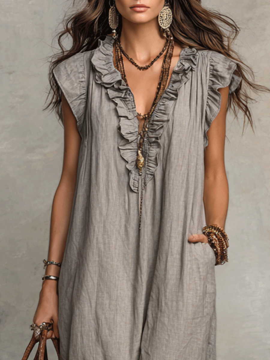 Bohemian Mouwloze Rimpel V-Hals Vloeiende Maxi Jurk