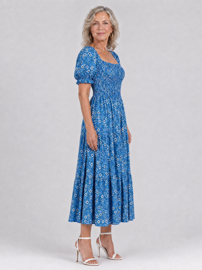Louse | Midi-jurk met bloemenprint, smock en vierkante hals