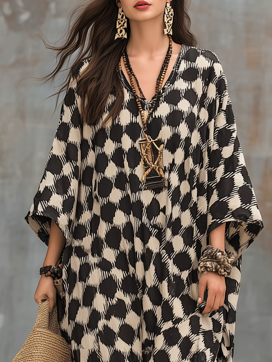 Bohemian Geïnspireerde Relaxed Fit Polka Dot Kaftan Maxi Jurk