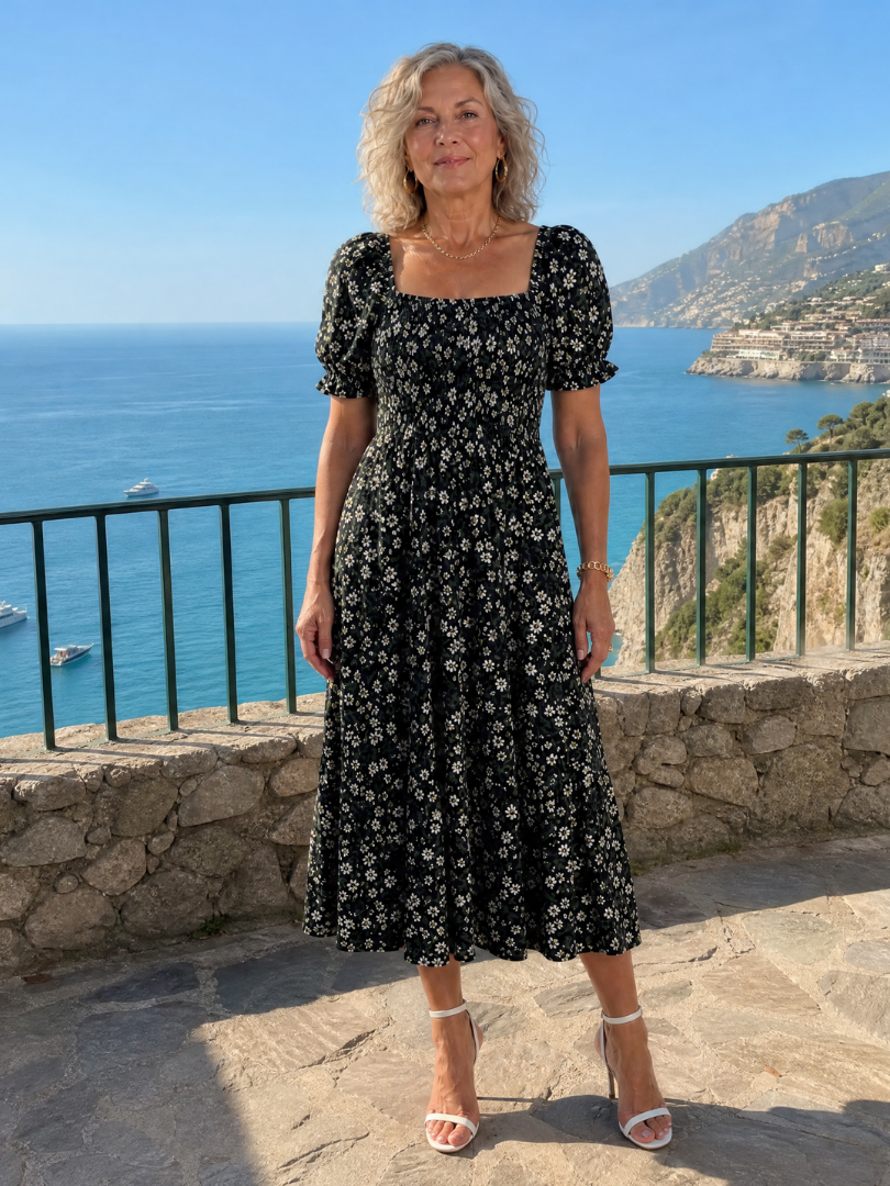 Louse | Midi-jurk met bloemenprint, smock en vierkante hals
